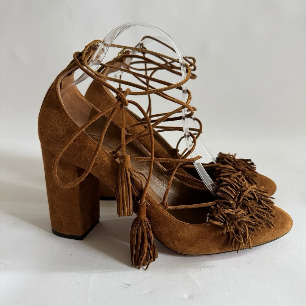 Aquazzura Firenze Wild Thing Fringe Brown Suede Tassle Lace Block Heels 40 US 10